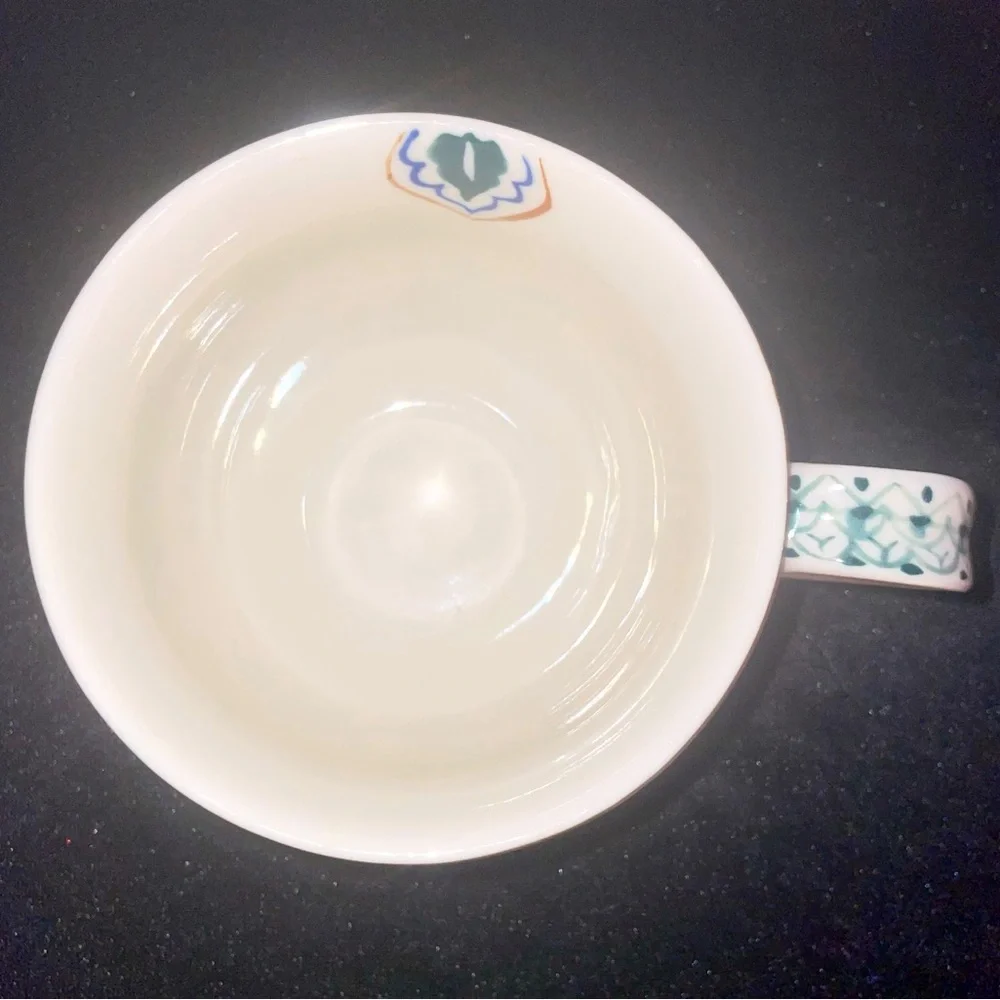 Bohemian 12 oz Coffee Tea Cup Footed BOHO Yellow Green White Blue NWOT MINT